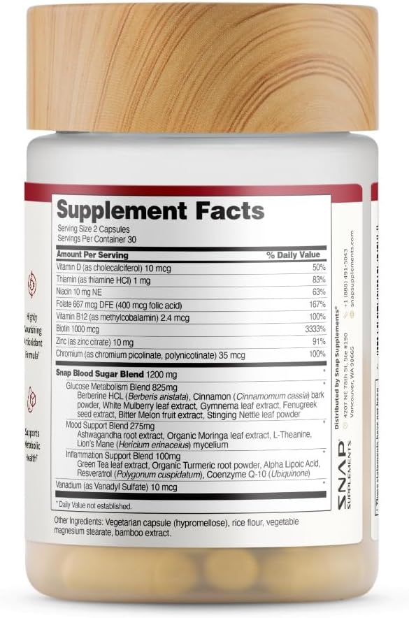 Snap Supplements Blood Sugar Blend with Berberine, CoQ10, Cinnamon, and Gymnema to Support Already Healthy Blood Sugar, Metabolic Health and Energy, Sugar Free, 60 Capsules 3-Pack (Packaging May Vary)