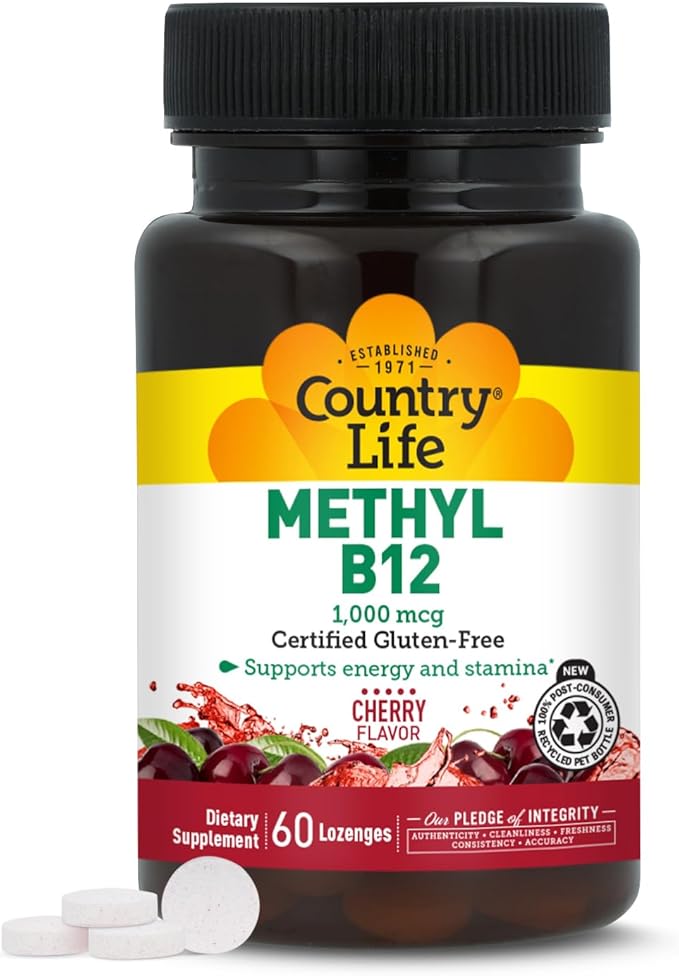 Country Life Methyl B12, Supports Energy & Stamina, 1000mcg, 60 Lozenges, Certified Gluten Free, Certified Vegan