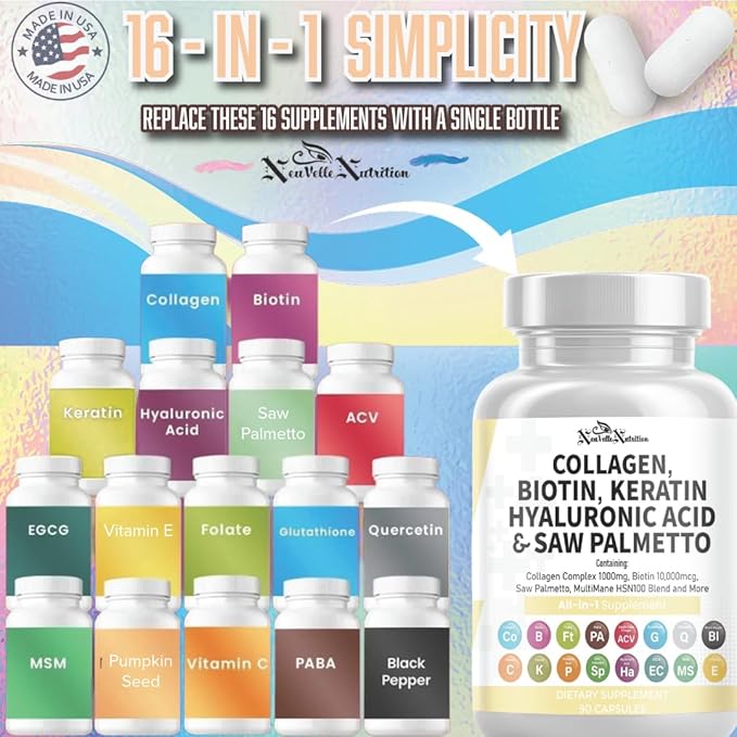 16 in 1 Collagen Supplement - Peptides Types I,II,III & V with Biotin, Keratin, Hyaluronic Acid, Saw Palmetto, Vitamins C & E, Apple Cider Vinegar & PABA - Nail Skin & Hair Health Support Capsules