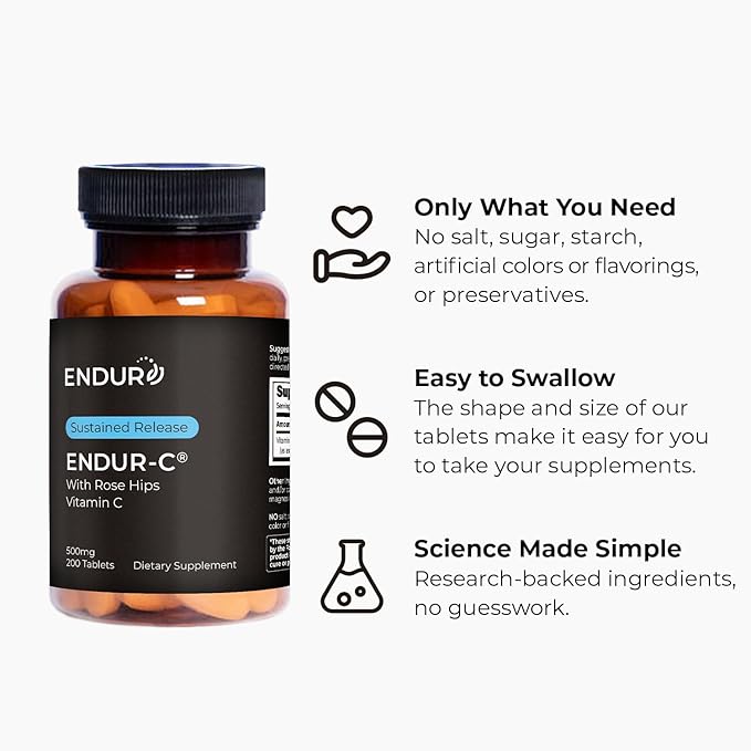 ENDUR-C - Vitamin C + Rose Hips - SR (Sustained Release) 500 mg - Supports Immune Health & Collagen Production - Gentle Digestion with Optimal 5–7 Hour Absorption Delivery - 200 Tablets