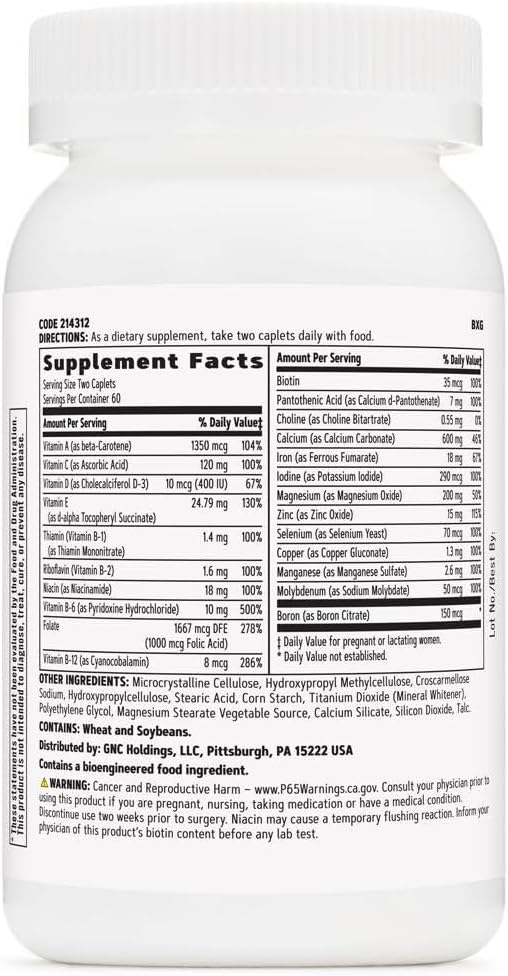 GNC Women's Prenatal Multivitamin Formula with Iron, Supports Pregnancy and Healthy Baby Development, Essential Nutrients Folic Acid, Zinc, Calcium Plus B Vitamins, 120 Caplets