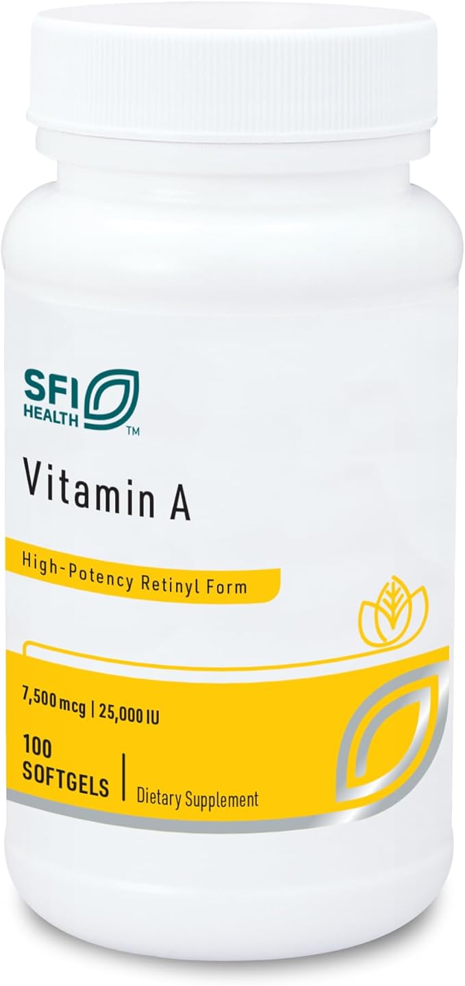 Klaire Labs SFI Health Vitamin A - High Potency 25000 IU Dose (7,500mcg RAE) from Fish Liver Oil, Preformed Retinol Form (100 Softgels)