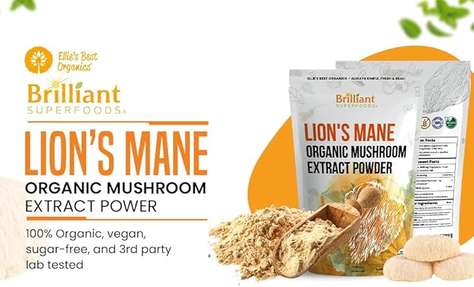 Ellie's Best Lions Mane Mushroom Extract Powder Supplement Organic 114 Servings - Double Extracted for Highest Potency - Dissolves in Coffee, Tea, Juice etc.4oz