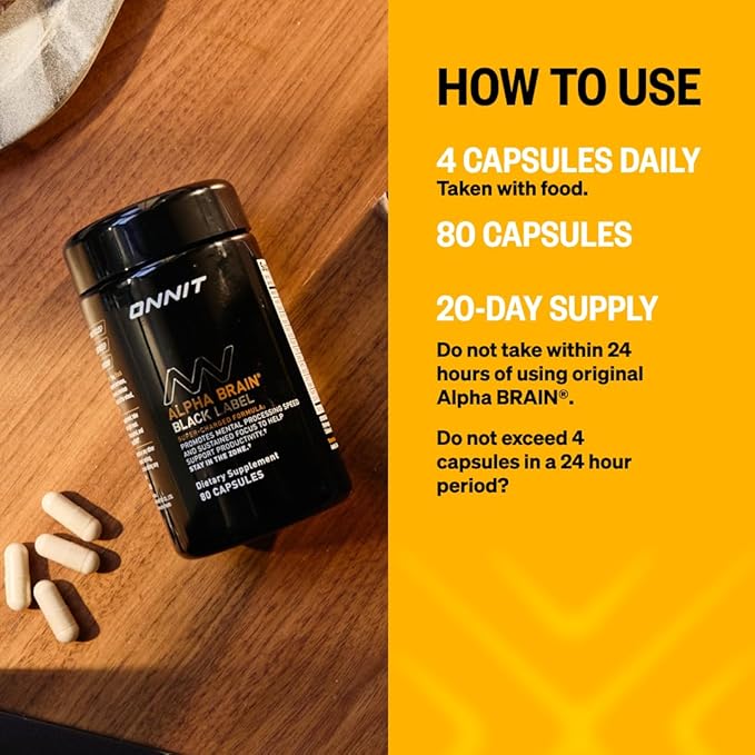 ONNIT Alpha Brain Black Label Capsules, IGEN Non-GMO Tested Citicoline Brain Supplement for Concentration and Memory, Lion’s Mane, Lutemax Lutein, L Theanine and Mucuna Pruriens, 80 Count