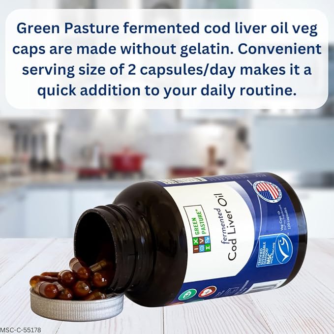 Green Pasture Fermented Cod Liver Oil Capsules - Wild Alaska Cod, Vitamins A & D, Omega-3, Non-Gelatin 120 Count