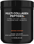 Codeage Multi Collagen Peptides + Probiotics Black Edition, Vitamin C, Hyaluronic Acid Powder Supplement, Grass-Fed, Pasture-Raised, Hydrolyzed, Zero Carbs, Type I, II, III, V & X, Unflavored, 21oz