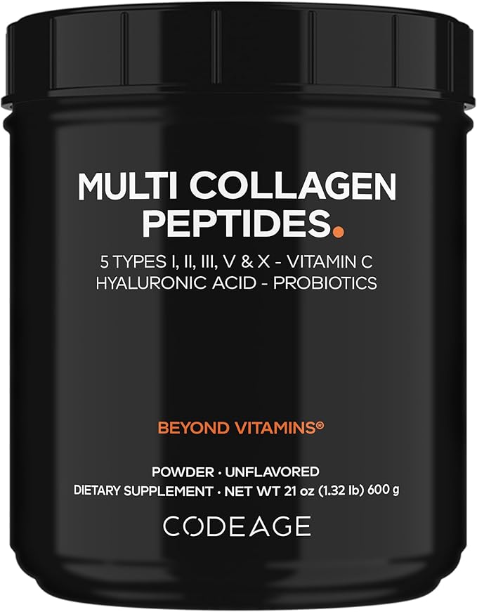 Codeage Multi Collagen Peptides + Probiotics Black Edition, Vitamin C, Hyaluronic Acid Powder Supplement, Grass-Fed, Pasture-Raised, Hydrolyzed, Zero Carbs, Type I, II, III, V & X, Unflavored, 21oz