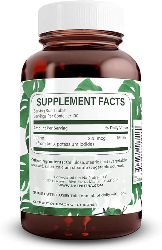 Natural Nutra Kelp Iodine with Potassium Iodide - Thyroid Support Supplement - Immune Strength & Metabolism Balance - Vegan Sea Kelp for Wellness - 225 mcg Iodine - 100 Tablets