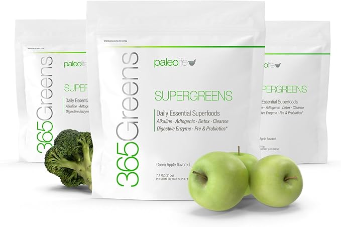 365Greens Daily Essential Premium Superfood with 75 Minerals, Vitamins, Vegetables, Fruits and adaptogens. Green 7.4 oz (3)