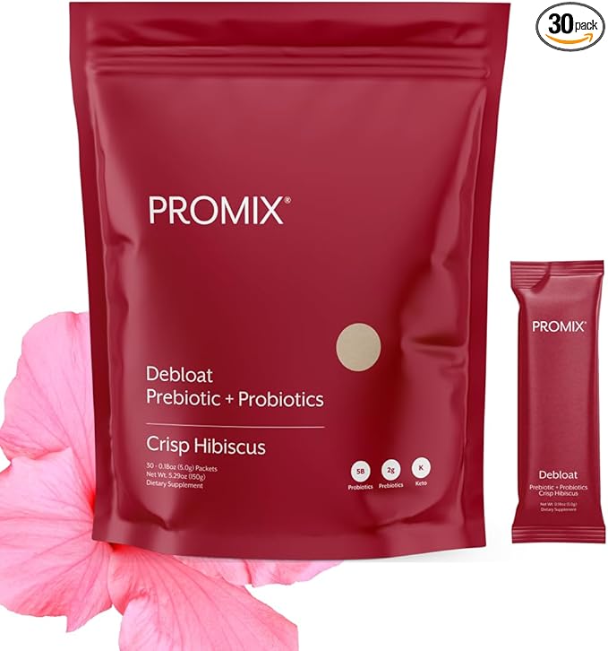 ProMix Nutrition Debloat Prebiotics and Probiotics Immune Support Supplement for Digestion, Cortisol Health, Gut Cleanse - Hibiscus - 30 Servings (Pack of 30)