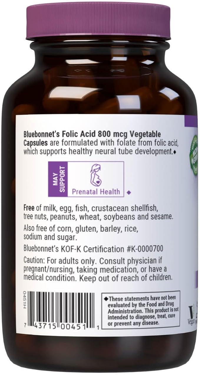 Bluebonnet Nutrition Folic Acid 800mcg, Healthy Neurological Development, Soy, Dairy & Gluten Free, Non-GMO, Kosher Certified, Vegan, Vegetable Capsules, 180 Count