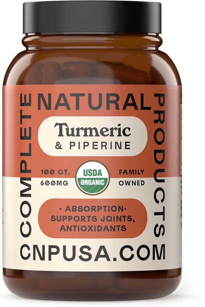 CNP Organic Turmeric with Piperine Capsules 600mg - High Absorption Curcumin with Black Pepper, Plant Based Supplement, Clean Formula No Fillers, 100 Count Glass Bottle, Made in USA, Family Owned
