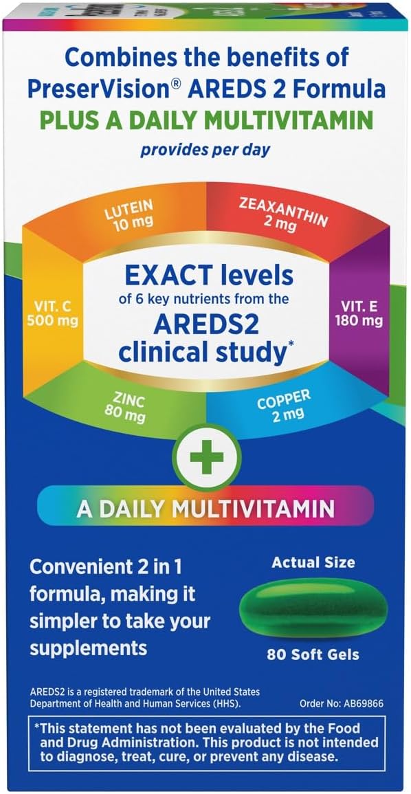 PreserVision AREDS 2 + Multivitamin, #1 Eye Doctor Recommended Brand, 2-in-1 Eye Vitamin with Lutein, Zeaxanthin, Zinc, and Vitamin C, D & E, 80 Softgels
