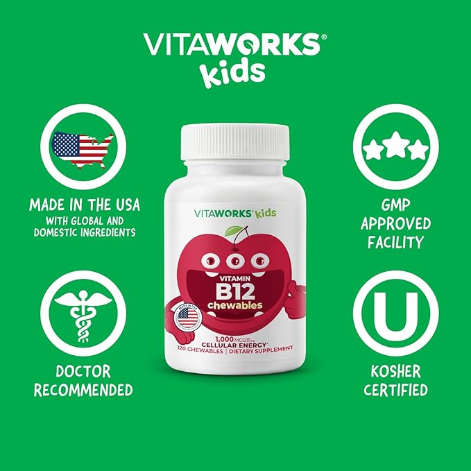 Kids Vitamin B12 1000 mcg Chewable Tablets - Tasty Natural Cherry Flavor - Vegan, GMO-Free, Gluten Free, Nut Free - Dietary Supplement - Cellular Energy Vitamins for Children - 120 Chewables