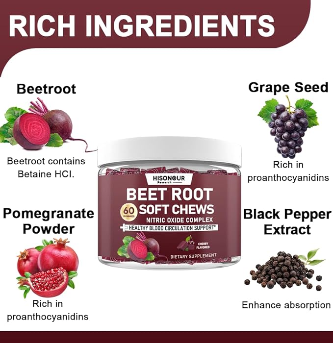 Beetroot Chews, Beet Root Soft Chews with Grape Seed, Pomegranate, Black Pepper, Vitamin C, B12, Nitric Oxide Supplement for Men & Women, Cherry Flavor, Sugar Free, 60 Chews