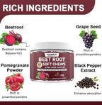 Beetroot Chews, Beet Root Soft Chews with Grape Seed, Pomegranate, Black Pepper, Vitamin C, B12, Nitric Oxide Supplement for Men & Women, Cherry Flavor, Sugar Free, 60 Chews