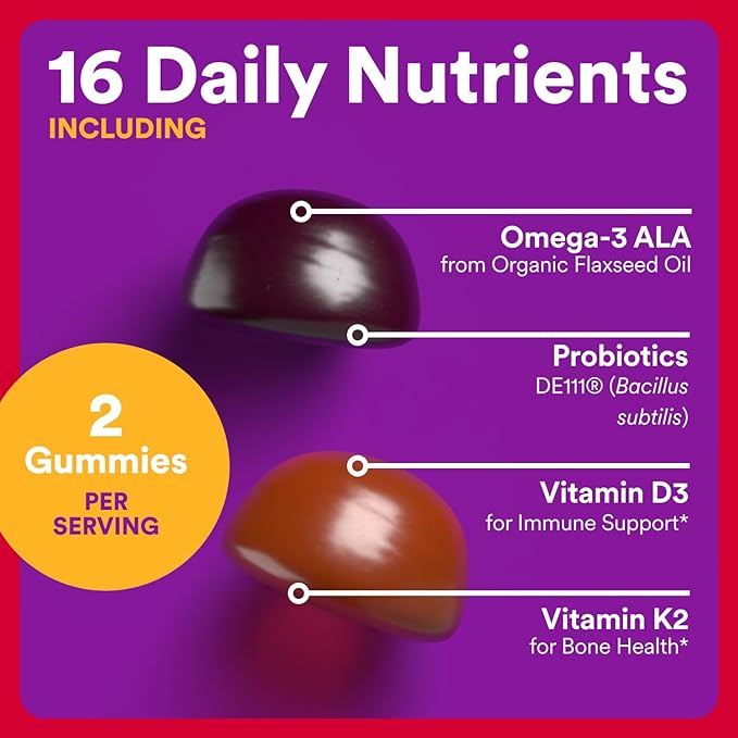 SmartyPants Organic Toddler Multivitamin Gummies: Probiotics,Omega 3 (ALA),Vitamin D3,C,Vitamin B12,B6,A,K&Zinc,Beta Carotene,Gluten Free,Three Fruit Flavors, (30 Day Supply),60 Count (Pack of 2)