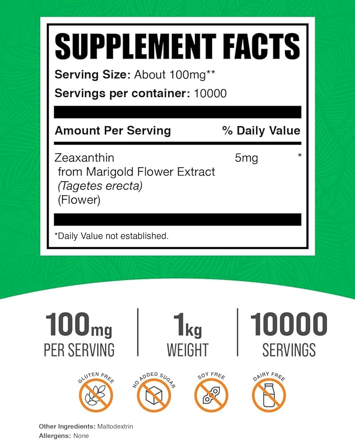 BulkSupplements.com Zeaxanthin Powder - Zeaxanthin Supplements, from Marigold Flower Extract - Gluten Free, 100mg (Zeaxanthin 5mg) per Serving, 1kg (2.2 lbs) (Pack of 1)