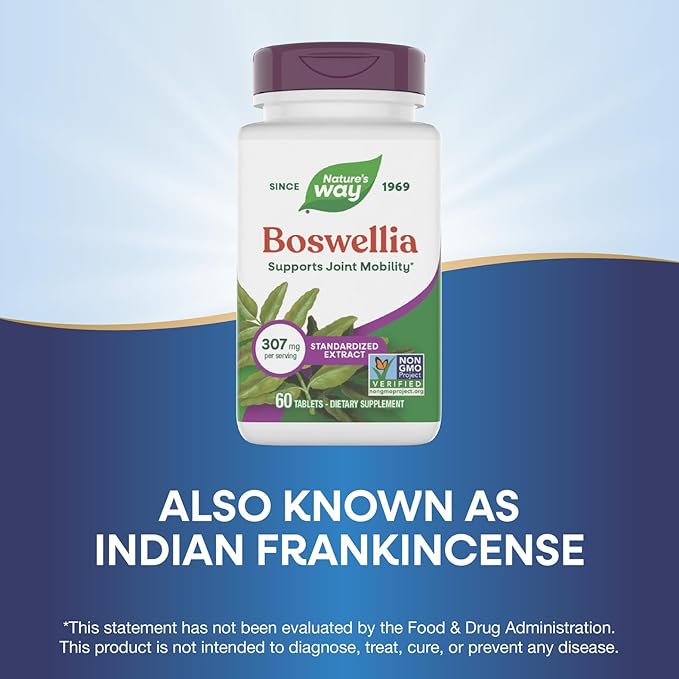 Nature's Way Boswellia Premium Extract, Supports Joint Mobility*, 307 mg Boswellia serrata Extract per Serving, Frankincense Supplement, Gluten Free & Vegan - 60 Tablets (Packaging May Vary)