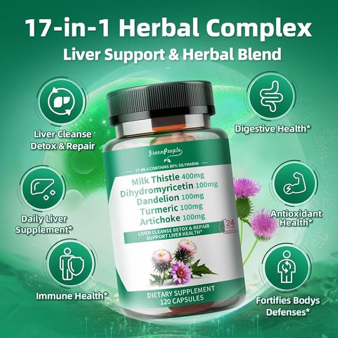 GREENPEOPLE Lymph-Liver Cleanse Detox & Repair - Strength Milk Thistle 30X Extract - Standardized and Concentrated 80% Silymarin w/Vitamin,95% curcuminoids & 17+Liver Health Nutrients Vegan 120CT
