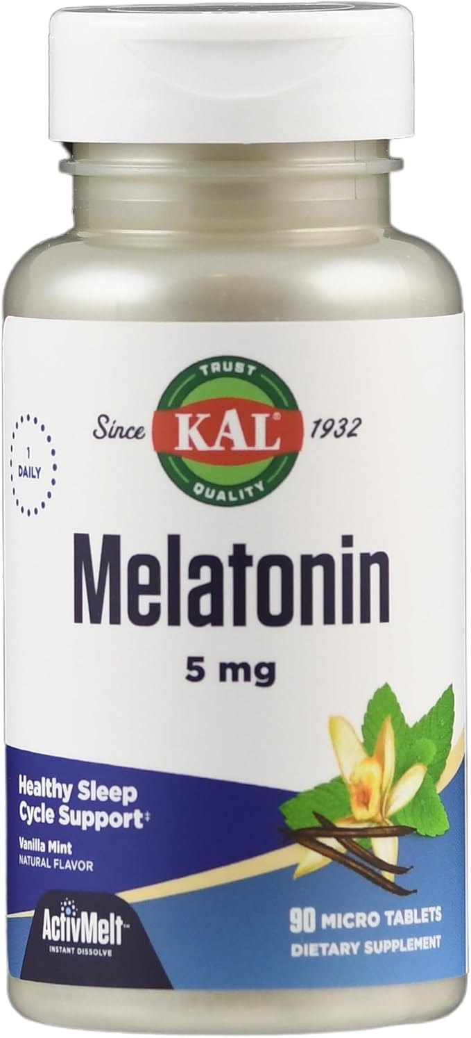 KAL Melatonin 5mg Sleep Aid, Melatonin Supplement Supports Calming Relaxation and a Healthy Sleep Cycle, Fast Dissolving ActivMelts, Natural Vanilla Mint Flavor, Vegetarian, 90 Serv, 90 Micro Tablets