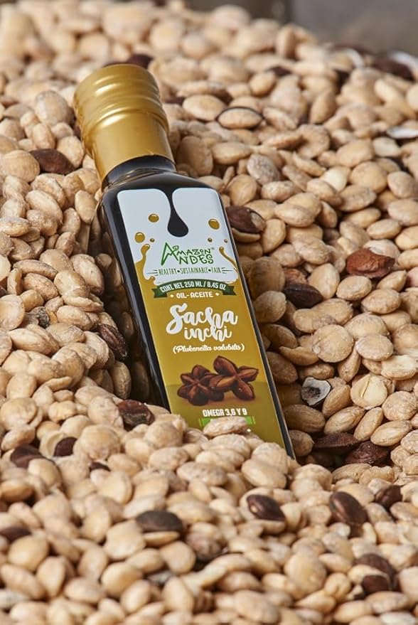 Amazon Andes Organic Sacha Inchi Oil 8.45 fl oz 250ml Glass Bottle - Cold Pressed Extra Virgin - Omega 3 6 9 Fatty Acids - USDA Organic Inca Peanut Oil from Peru - Plant Based Vegan