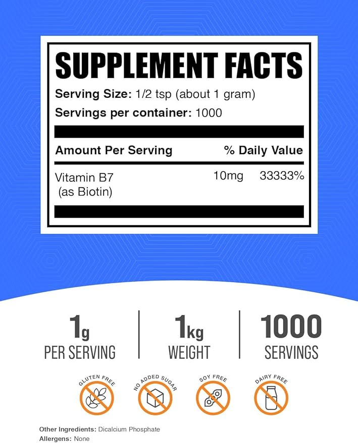 BulkSupplements.com Biotin 10000mcg Powder - Vitamin B7, Vitamins for Hair, Skin, and Nails - Gluten Free, 1g per Serving (10mg Biotin), 1kg (2.2 lbs) (Pack of 1)