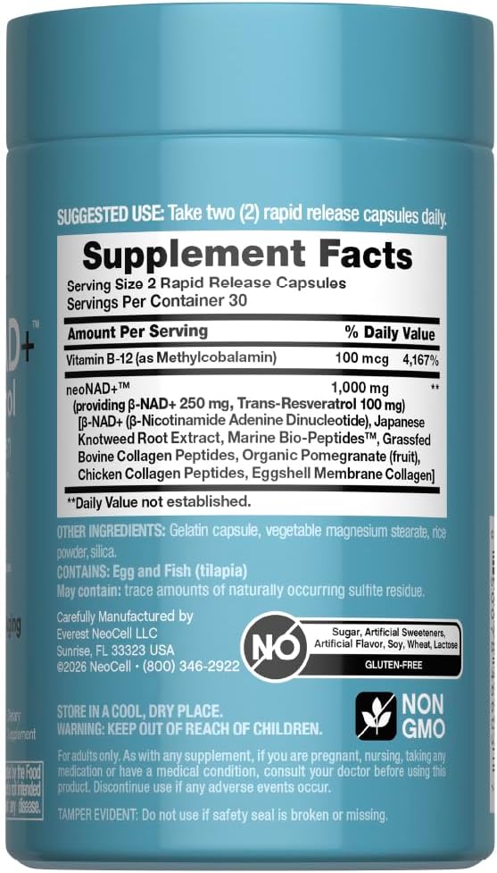 NeoCell NAD+ Resveratrol Supplement | with Multi Collagen Bio-Peptides | 60 Capsules | Supports Healthy Aging & Cellular Energy