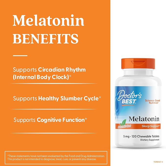 Doctors Best Melatonin 5mg Chewables for Adults - Sleep Support for Men & Women, Melatonin Supplement 5 mg, Gluten Free, Vegan, Non GMO, Natural Mint Flavor - 120 Chewable Tablets