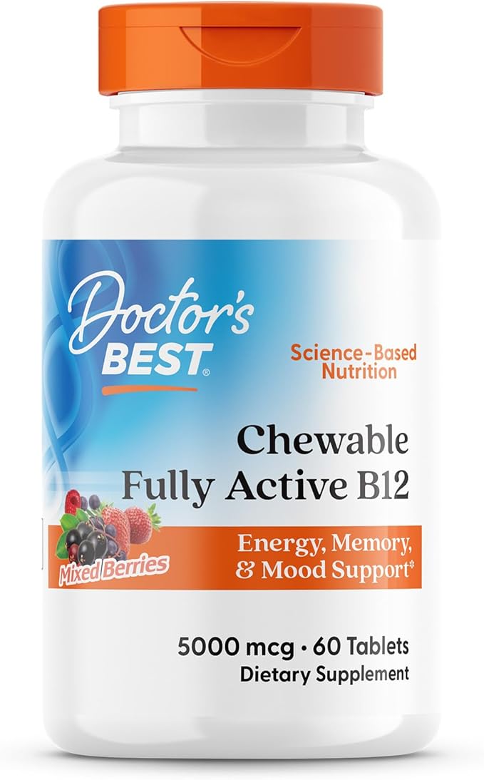 Doctors Best Chewable Fully Active Methyl B12, Methylcobalamin, Energy, Memory, & Mood Support, Non-GMO, Gluten Free, Soy Free, Vegan 60 Tablets