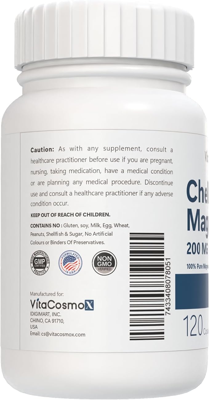 Chelated Magnesium Bisglycinate, 200mg, 120 Vegan Capsules, 60 Servings, Gluten Free, Non-GMO, and Vegetarian Friendly