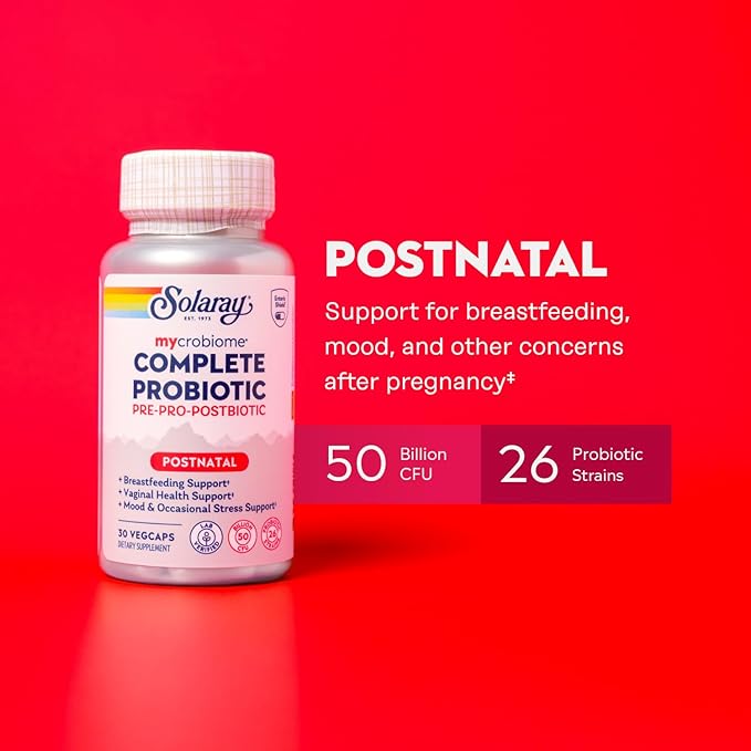 SOLARAY Mycrobiome Complete Probiotic Postnatal - Pre and Probiotics for Women and Men Plus Postbiotic - 50 Billion CFU, 23 Strains - Vegan, Clinically Studied Ingredients - 30 Servings, 30 VegCaps