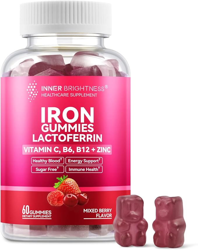 Iron Supplement Gummies with Lactoferrin, Vitamin C, B6, B12 & Zinc – Gentle, Vegan, Sugar-Free – Supports Healthy Blood, Immune Health & Energy – for Women, Men & Kids – Mixed Berry Flavor, 60 Count