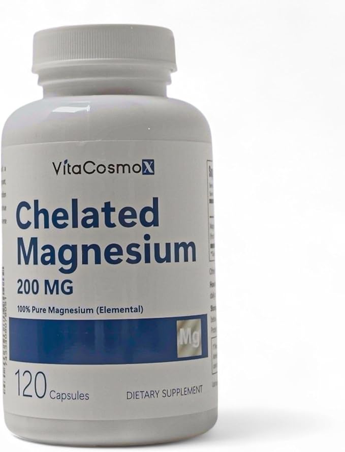 Chelated Magnesium Bisglycinate, 200mg, 120 Vegan Capsules, 60 Servings, Gluten Free, Non-GMO, and Vegetarian Friendly