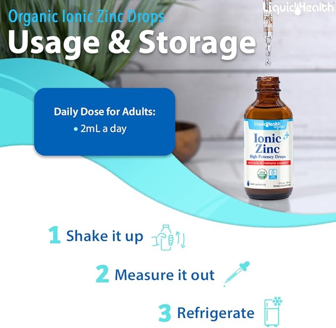 LIQUIDHEALTH USDA Organic Ionic Zinc High Potency Drops - Trace Mineral Liquid Vitamin Supplement for Adults & Kids - Immune & Digestive Support, Skin & Wound Health - USA Made, Vegan, Non-GMO (2 oz)