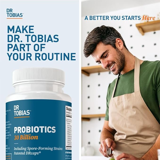Dr. Tobias Probiotics 30 Billion, 10 Strains, 30 Billion CFU's, Targeted Release Probiotics for Women & Men, Supports Digestive Health, Shelf-Stable, Non-GMO, 90 Capsules, 90 Servings