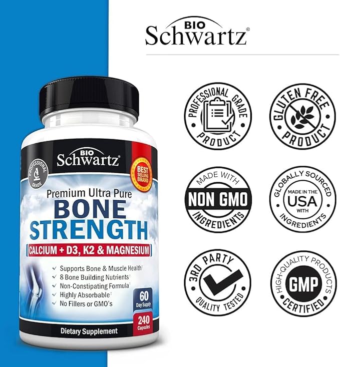 BioSchwartz Bone Strength Supplement - Gentle Non-Constipating Bone Health Supplement for Women & Men with 9-in-1 Complex with Calcium Magnesium Zinc D3 K2 & More - 3rd Party Tested - 2 Months
