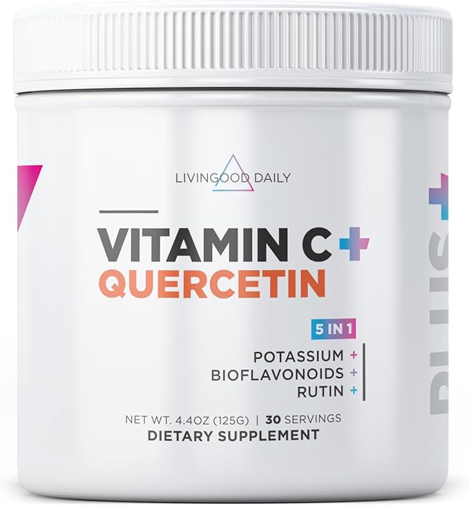 Livingood Daily High Dose Vitamin C Powder Supplement, 2,600 MG Ascorbic Acid Powder Supports Immunity & Skin Health, Powdered Vitamin C with Quercetin, Sweetened with Stevia, Vegan, 30 Servings