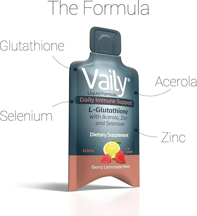 Vaily Immune Support Supplement for Adults - Liquid Glutathione Supplement 500 mg w/Acerola Vitamin C Zinc & Selenium - High Potency Antioxidant, Skin Health, Detox Every Day - 30 Single-dose Vials