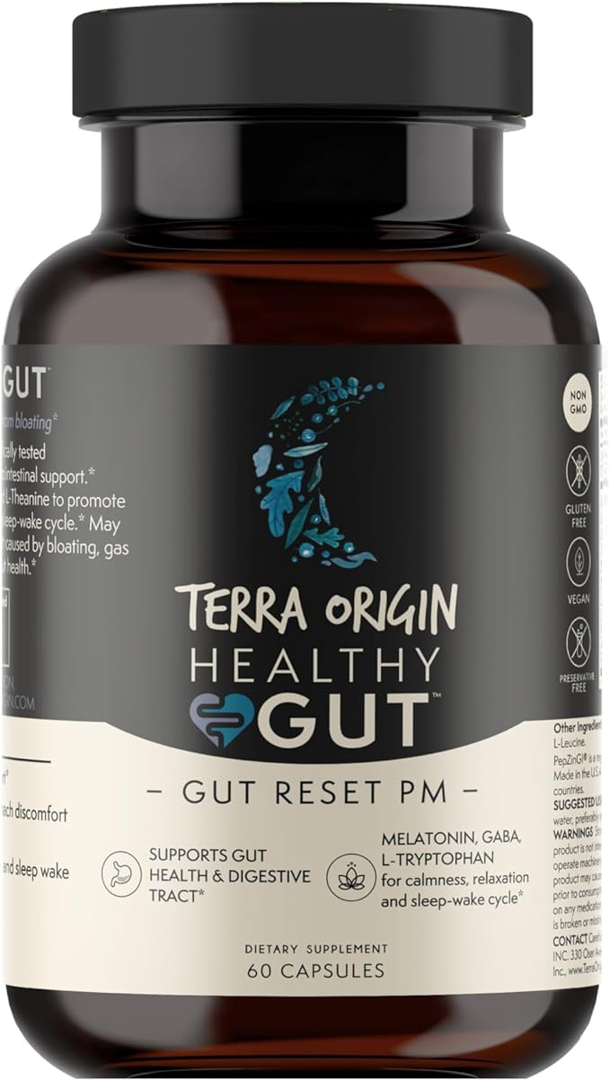 TERRA ORIGIN Healthy Gut Reset PM | 60 Veggie Capsules | Natural Sleep Aid Supplement for Sleep & Wake Cycles | GABA, L-Theanine, Melatonin, L-Glutamine, Licorice Root, Slippery Elm Root