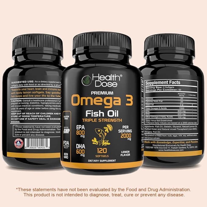 Health Dose Omega 3 Fish Oil – Lemon-Flavored Softgels with EPA & DHA for Brain, Heart, and Wellness Support – Easy-to-Digest, No Fish Burps – 120 Softgels, Pack of 5