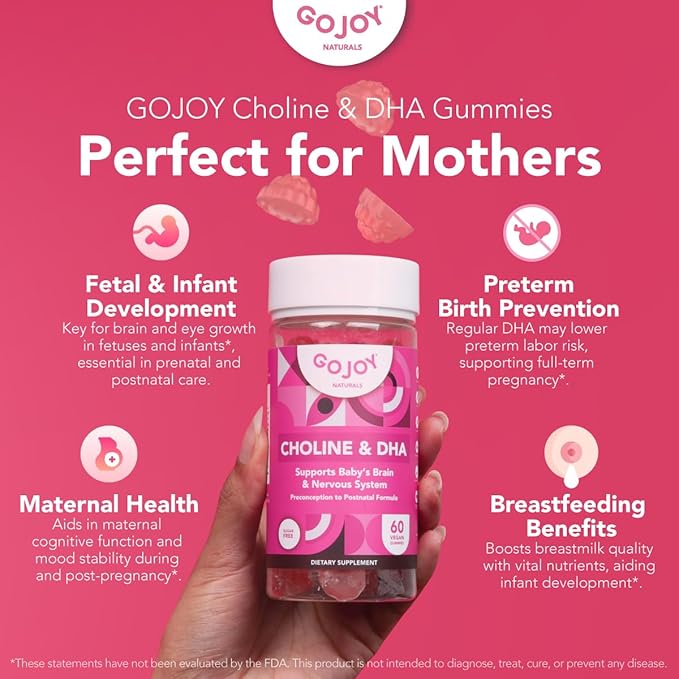 GOJOY NATURALS Prenatal Gummies with Choline & DHA - Preconception, Pregnancy & Postnatal Vitamins for Women - Choline 250mg + DHA 150mg - Vegan, Sugar-Free, Non-GMO