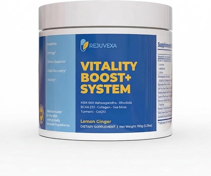 Vitality Boost+ System – Daily Energy & Stress Support Powder – 500mg KSM-66® Ashwagandha, BCAA 2:1:1, Magnesium, CoQ10 & Collagen – 30 Servings – Lemon Ginger – Made in USA