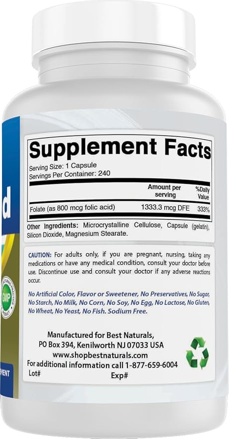 Best Naturals Folic Acid 800 mcg 240 Capsules (Pack of 2)