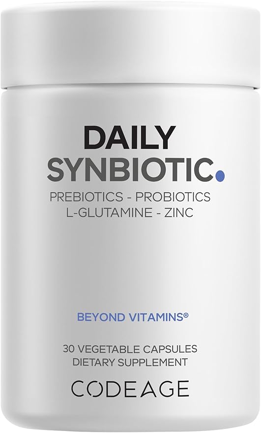 Codeage Daily Synbiotic Supplement - Prebiotics, Lactobacillus & Bifidobacterium Probiotics, L-Glutamine, Zinc L-Carnosine, DGL, Synbiotic Probiotic, BioPerine - Shelf-Stable - 30 Capsules