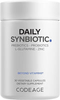 Codeage Daily Synbiotic Supplement - Prebiotics, Lactobacillus & Bifidobacterium Probiotics, L-Glutamine, Zinc L-Carnosine, DGL, Synbiotic Probiotic, BioPerine - Shelf-Stable - 30 Capsules