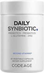 Codeage Daily Synbiotic Supplement - Prebiotics, Lactobacillus & Bifidobacterium Probiotics, L-Glutamine, Zinc L-Carnosine, DGL, Synbiotic Probiotic, BioPerine - Shelf-Stable - 30 Capsules
