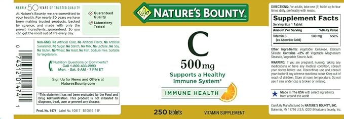 Nature's Bounty Pure Vitamin C 500 mg Tablets 250 Tablets (Pack of 9)