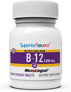 Superior Source No Shot Methylcobalamin B-12 5000 mcg - Vitamin B-12 to Support Energy Production, Brain Health & Overall Wellness - Sublingual Tablets for Fast Absorption - 60 Dissolving Tablets