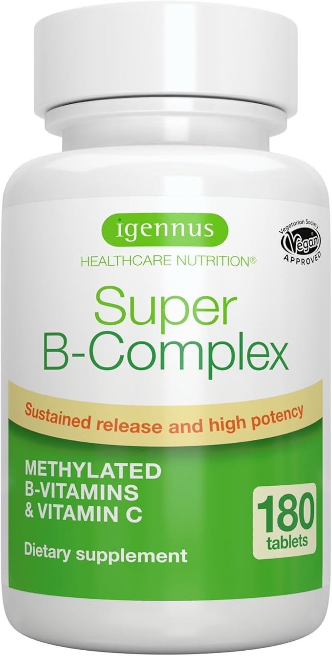 Igennus Super B-Complex Methylated B Vitamins - Sustained Release, Clean Label & High Absorption, with 5-MTHF Folate & Methyl B12, Energy, Mood & Cognitive Performance, Lab Verified, 180 Small Tablets